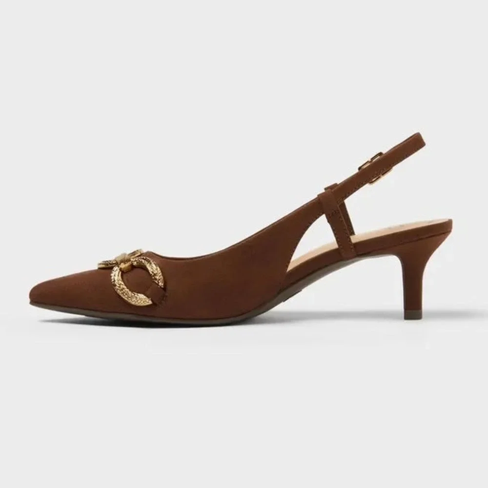 A New Day Brown Slingback Kitten Heels Gold Chain Link Pointed Toe Pumps Size 66